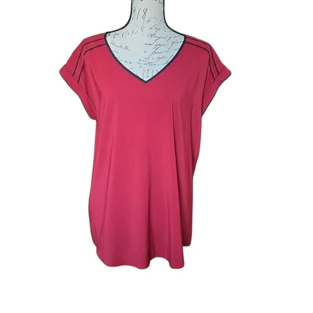Express Women's Size Large Deep Red Black Silky Short Sleeve Blouse